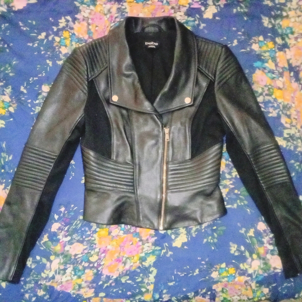 bebe Black Leather Jacket with Silver Buttons